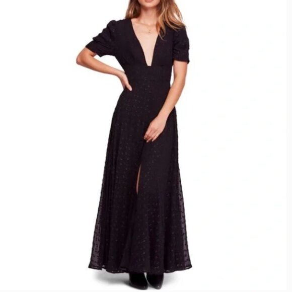 Free People Wanderer Chiffon Black and Gold Plunge Neck Maxi Dress Size 2 - Picture 3 of 12